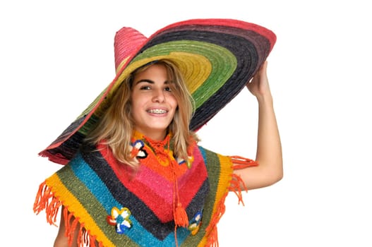 Sexy girl with a big sombrero isolated in white