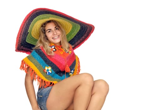 Sexy girl with a big sombrero isolated in white