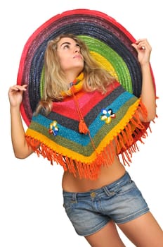 Sexy girl with a big sombrero isolated in white