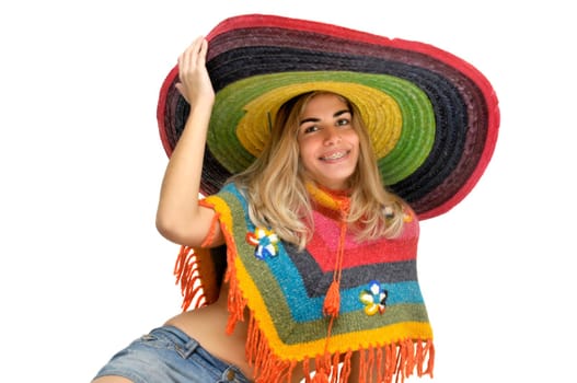 Sexy girl with a big sombrero isolated in white