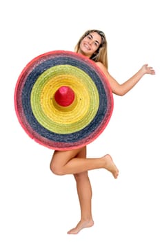 Sexy girl with a big sombrero isolated in white