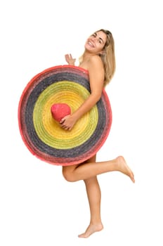 Sexy girl with a big sombrero isolated in white