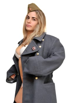 Sexy girl in russian army greatcoat and lingerie isolated in white