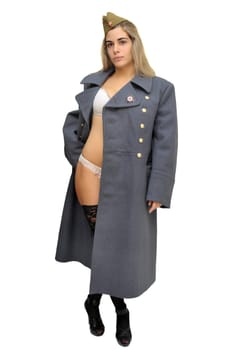 Sexy girl in russian army greatcoat and lingerie isolated in white