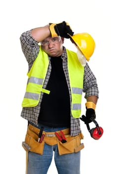 Plump construction worker isolated in white