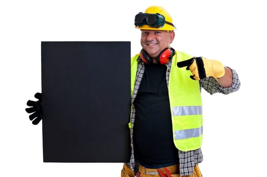Plump construction worker with black board isolated in white