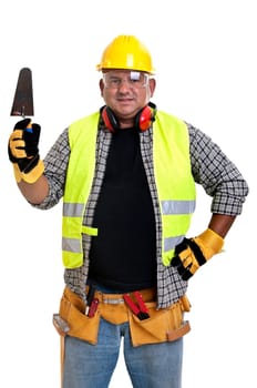 Plump construction worker isolated in white