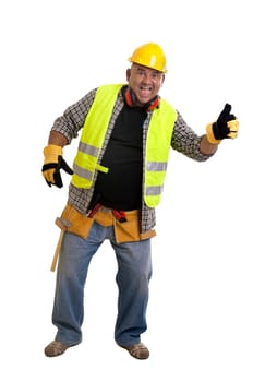 Plump construction worker isolated in white