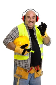 Plump construction worker isolated in white