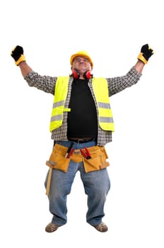 Plump construction worker isolated in white