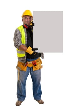 Plump construction worker holding a light board isolated in white
