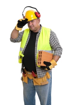 Plump construction worker isolated in white