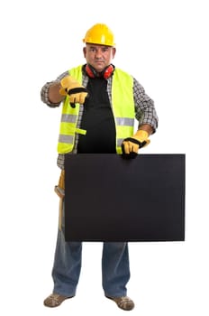 Plump construction worker with black board isolated in white