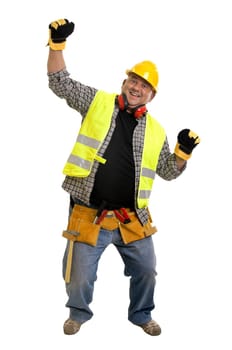 Plump construction worker isolated in white