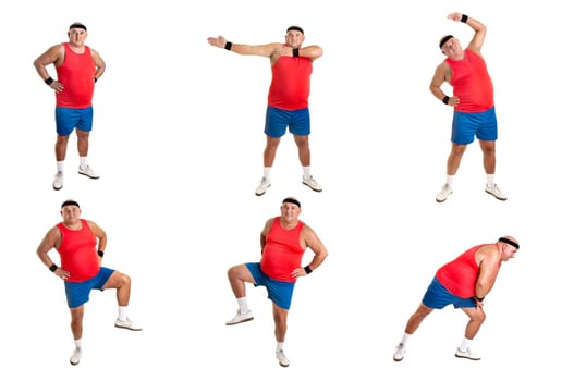 Large fitness man doing different exercices isolated in white