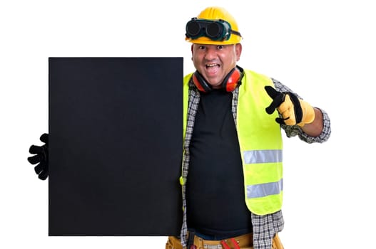 Plump construction worker with black board isolated in white