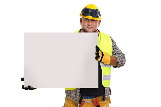 Plump construction worker holding a light board isolated in white