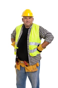 Plump construction worker isolated in white