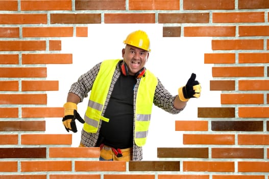 Plump construction worker with brick wall isolated in white