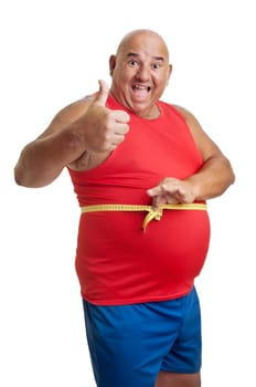 Large fitness man with measuring tape isolated in white