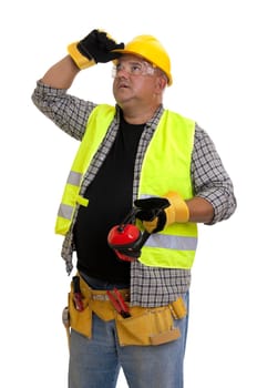 Plump construction worker isolated in white