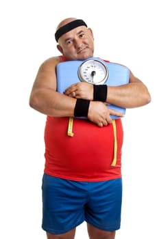 Large fitness man with weight scale isolated in white