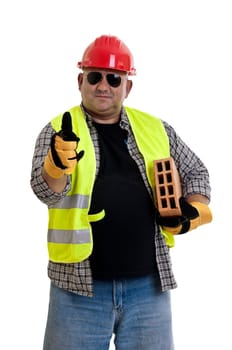 Plump construction worker isolated in white