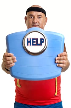 Large fitness man with weight scale isolated in white