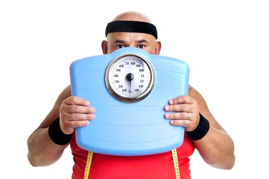 Large fitness man with weight scale isolated in white