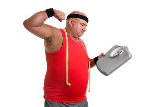 Large fitness man angry with weight scale isolated in white