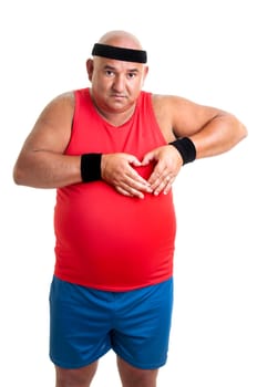 Large fitness man making a heart with his hands isolated in white
