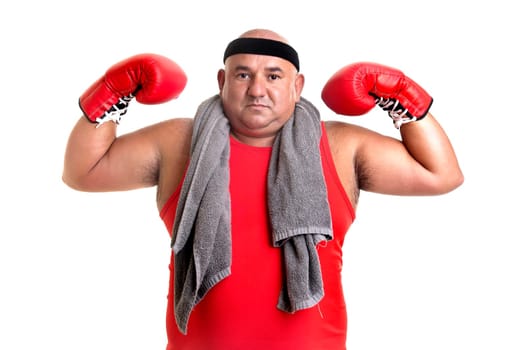 Large man with boxing gloves isolated in white