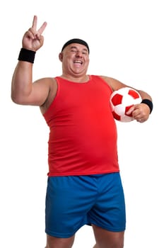Large man with soccer ball isolated in white