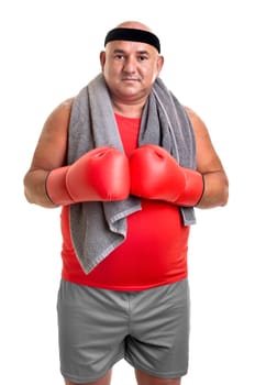 Large man with boxing gloves isolated in white