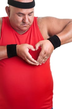Large fitness man making a heart with his hands isolated in white