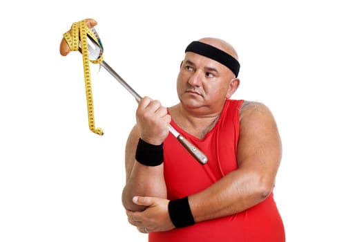 Large fitness man looking at a big sausage isolated in white