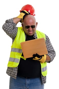 Plump construction worker isolated in white