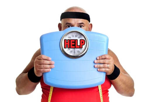Large fitness man with weight scale isolated in white