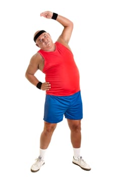 Large fitness man doing exercices isolated in white