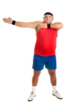 Large fitness man doing exercices isolated in white