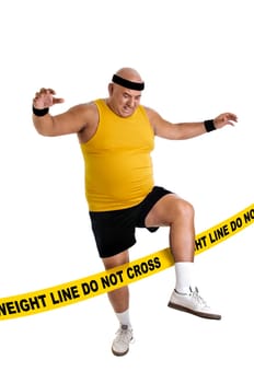 Large fitness man crossing the weight line isolated in white
