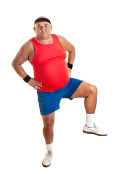 Large fitness man doing exercices isolated in white