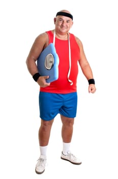 Large fitness man with weight scale isolated in white