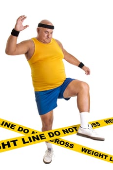 Large fitness man crossing the weight line isolated in white