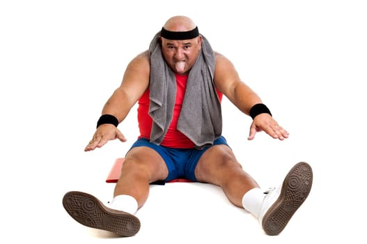 Large fitness man working out isolated in white