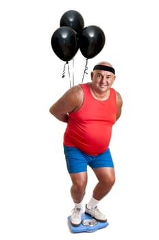 Large fitness man with weight scale and balloons isolated in white