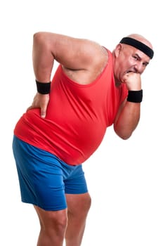 Large and tired fitness man with back pain isolated in white