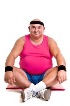 Large fitness man working out isolated in white
