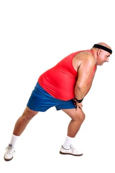 Large fitness man doing exercices isolated in white
