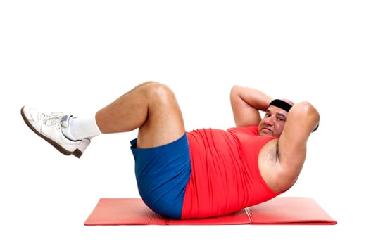 Large fitness man working out isolated in white